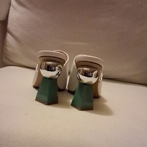 Alfani White Mules with Green Geometric Block Heel